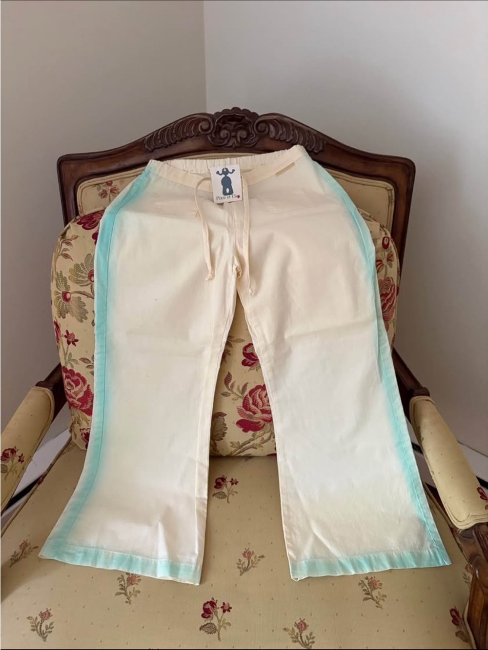 Cream Kids Drawstring Pants with Aqua Trim - Unbranded